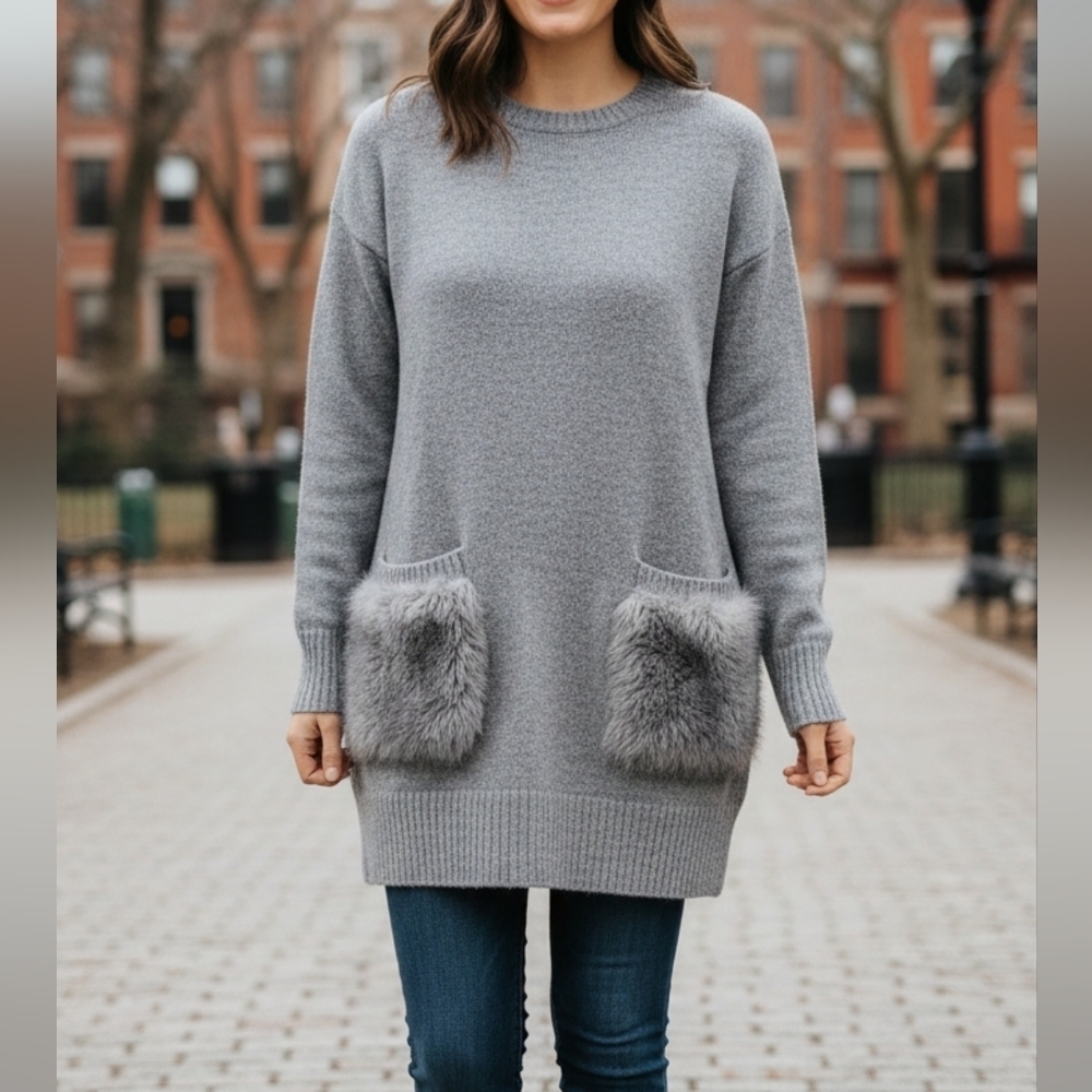 Magaschoni Sweater Womens Sz XS Gray Pullover Long Faux Fur Pockets